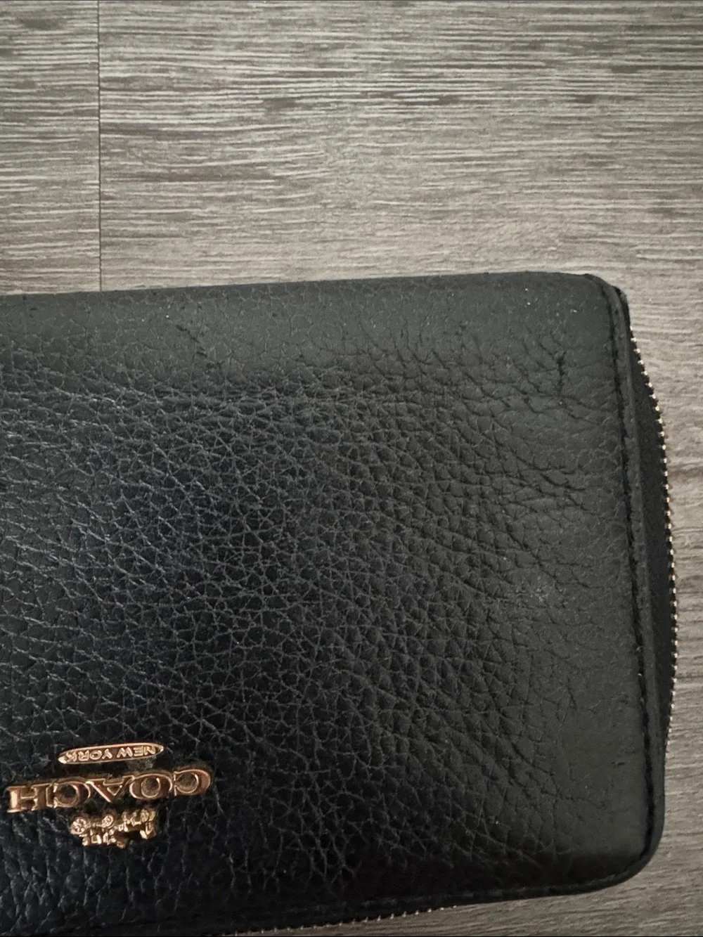 Coach Black Pebbled Leather Zip-Around Wallet with Gold Logo